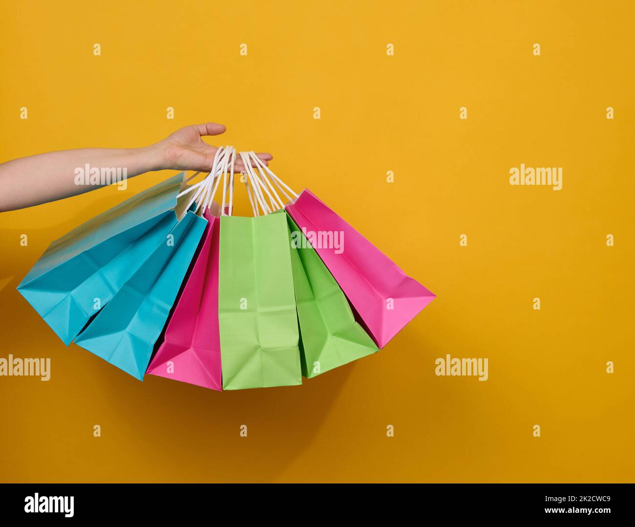 female hand holds a paper disposable bag with handles for groceries and