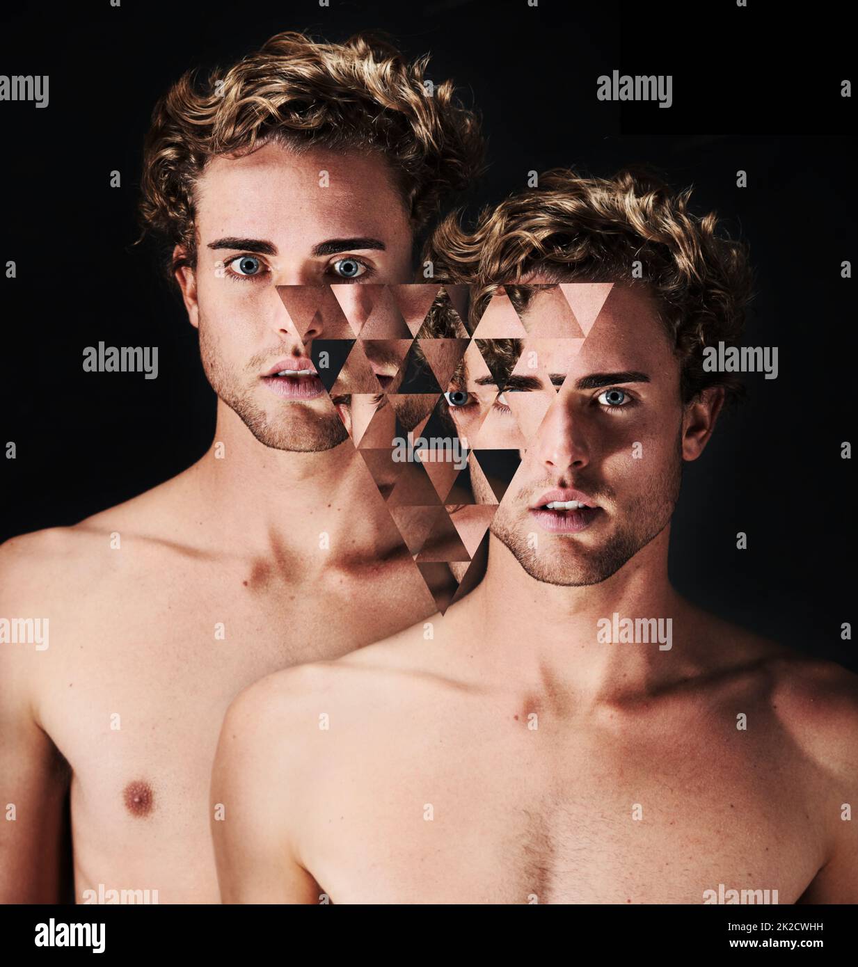 Split personality. Double image of a man with a pixelated triangle in the middle of the two. Stock Photo