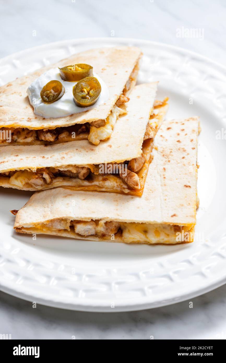 quesadilla with chicken meat and jalapenos Stock Photo