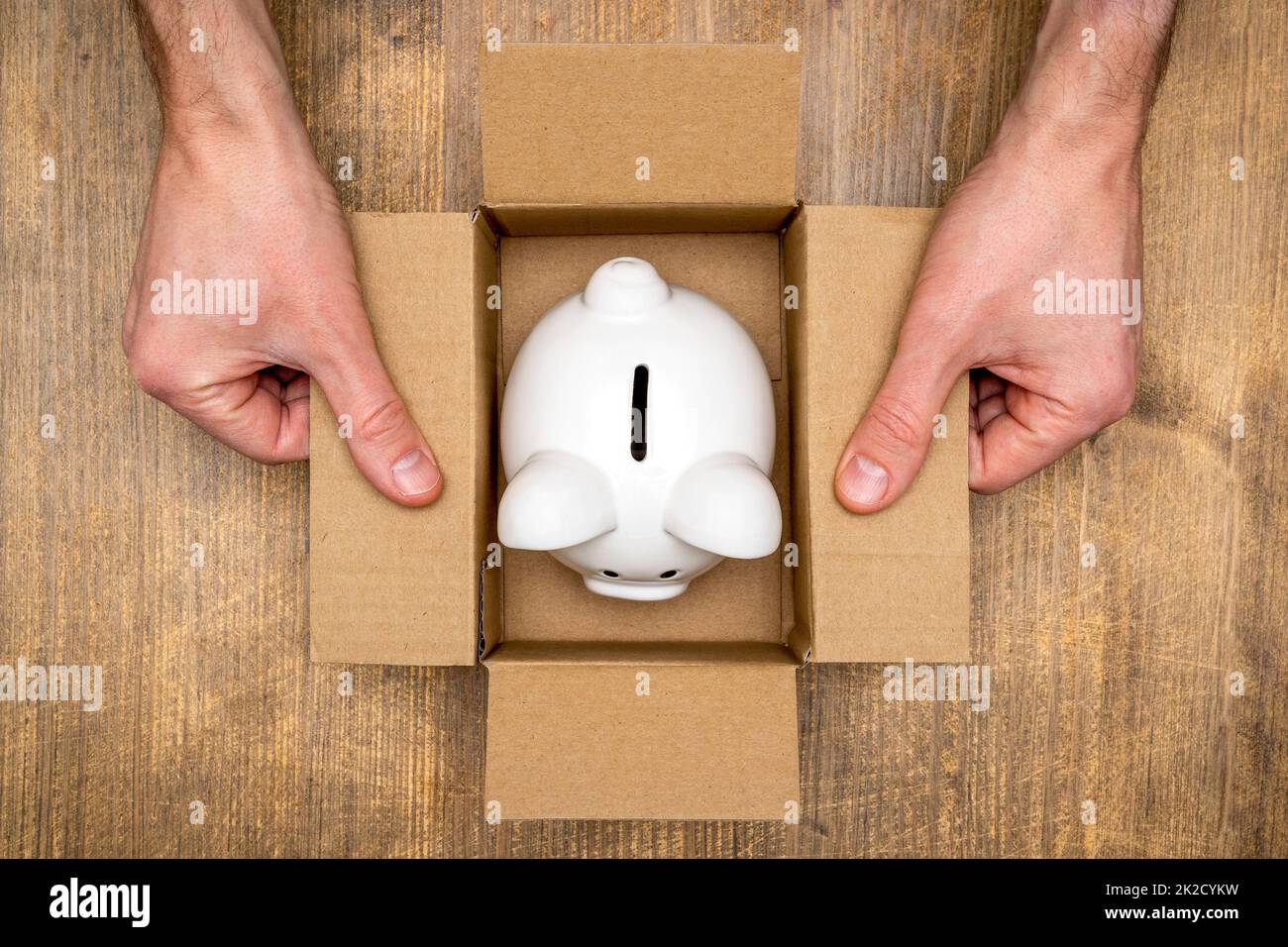 Piggy bank in open box made from corrugated cardboard Stock Photo