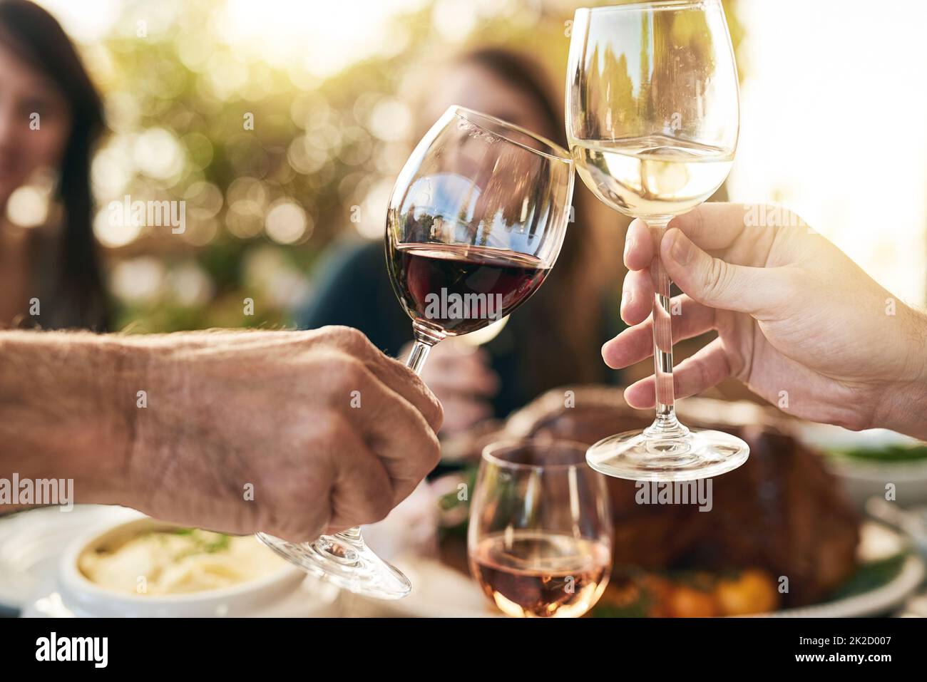 Heres to all of us being here today. Shot of a group of cheerful people celebrating with a toast over a dinner table outside. Stock Photo
