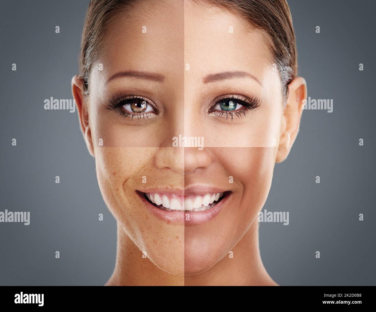 Diversity is beautiful. Composite shot of a womans face made up of different skintones. Stock Photo