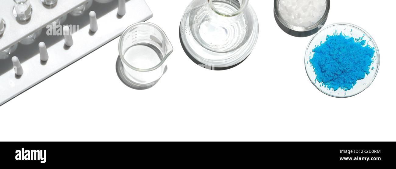 Cosmetic chemicals ingredient on laboratory table. Copper(II) sulfate