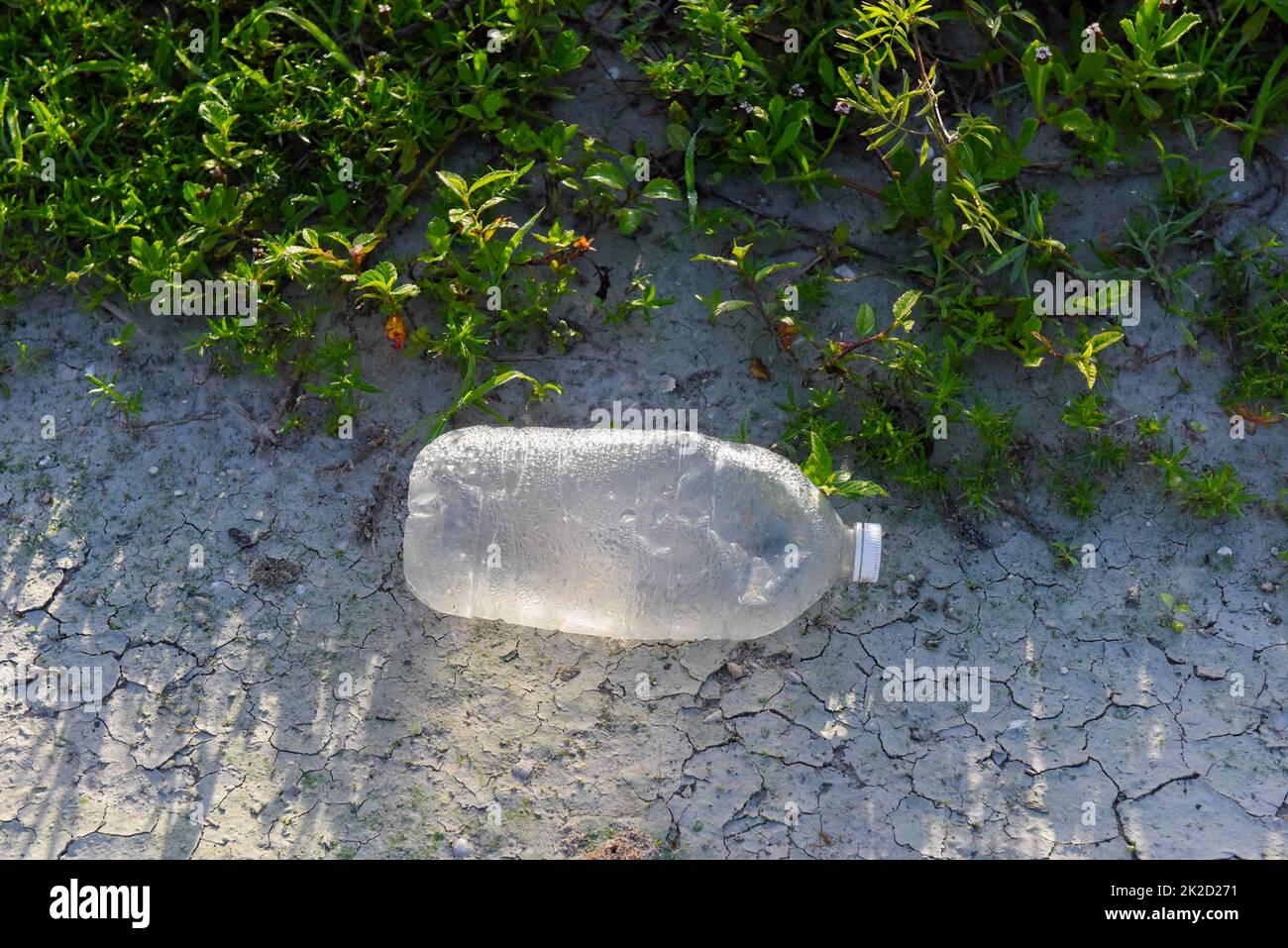 Plastic bottle thrown on cracked earth from heat Stock Photo