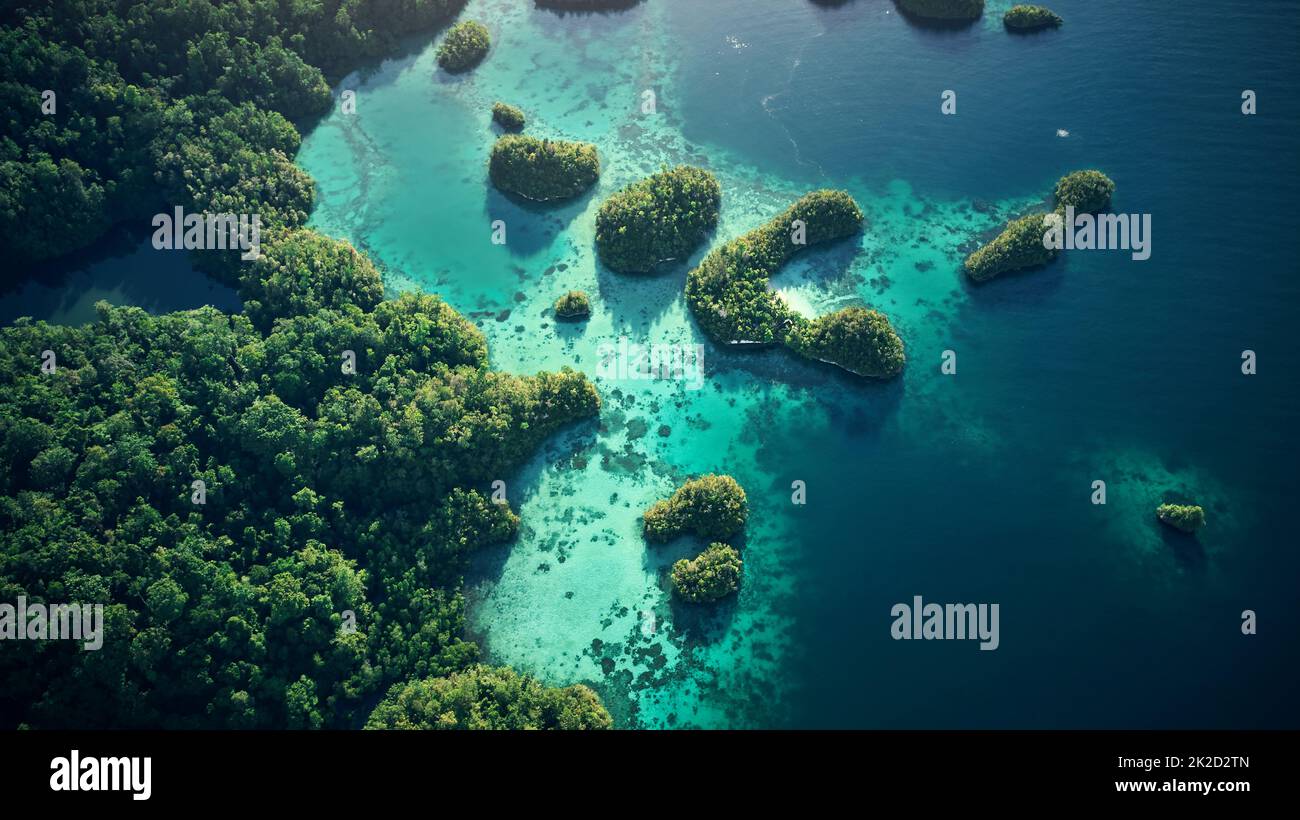 Idyllic Indonesia. High angle shot of the beautiful islands of Raja Ampat. Stock Photo