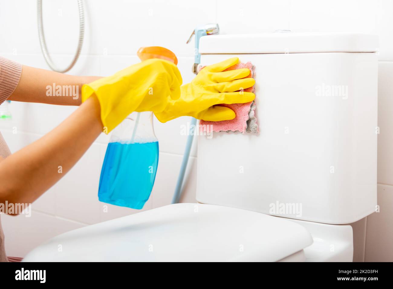 Hand of Asian woman cleaning toilet seat using liquid spray and pink