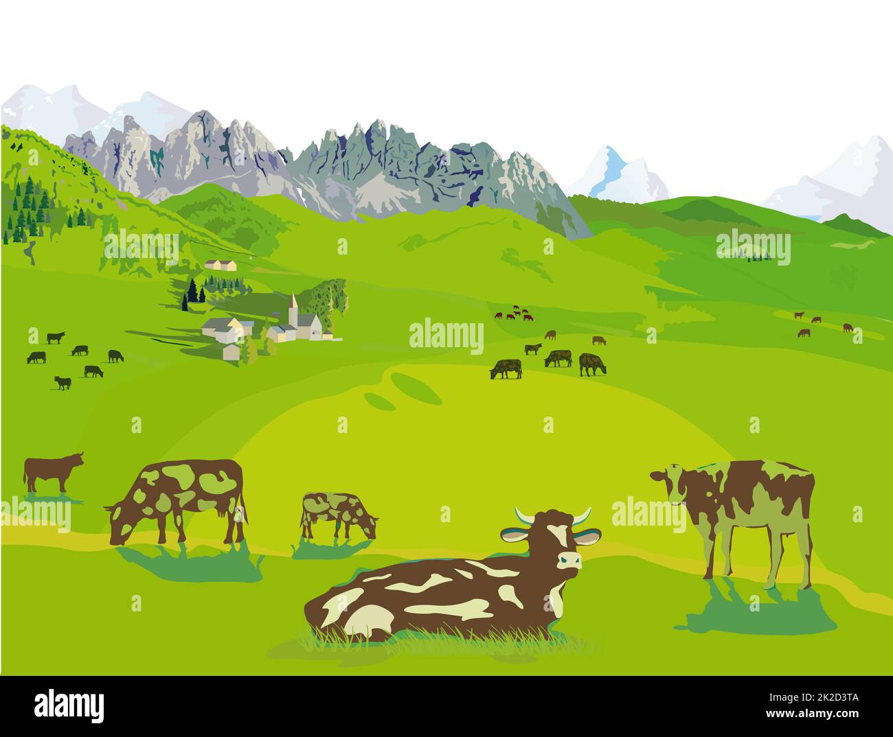 Mountain panorama with cows on the alp, Illustration Stock Photo - Alamy