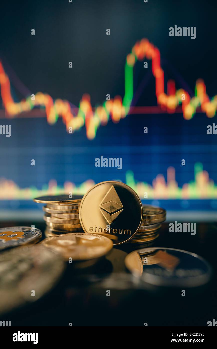 Gold Ethereum with candle stick graph chart and digital background
