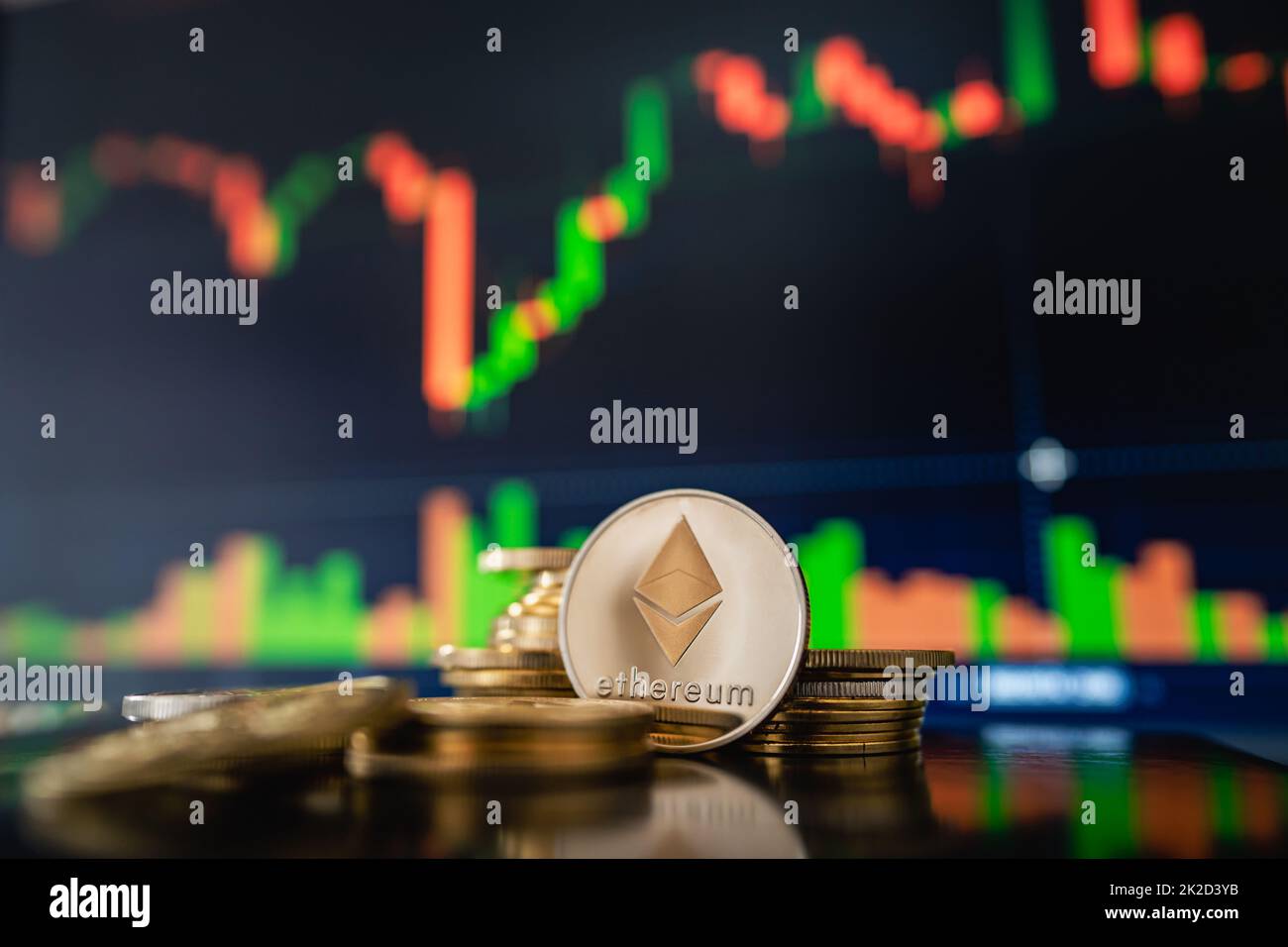 Silver Ethereum with candle stick graph chart and digital background
