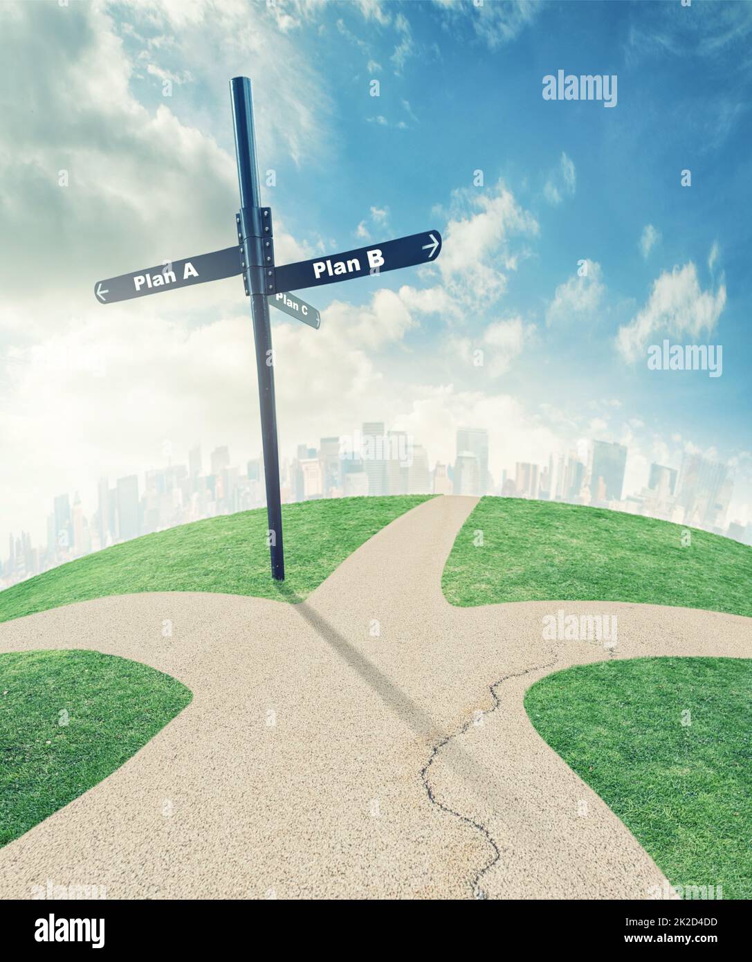 All roads lead to this. Illustration of a road split into directions leading to different plans. Stock Photo
