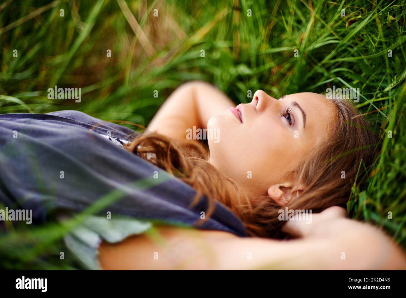 Relaxing in natures nest. Portrait of a beautiful woman lying in the grass. Stock Photo
