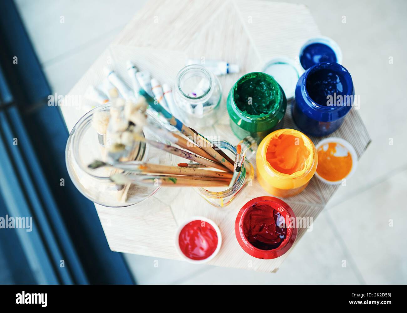 Its time to get creative. Still life shot of art supplies on a table. Stock Photo
