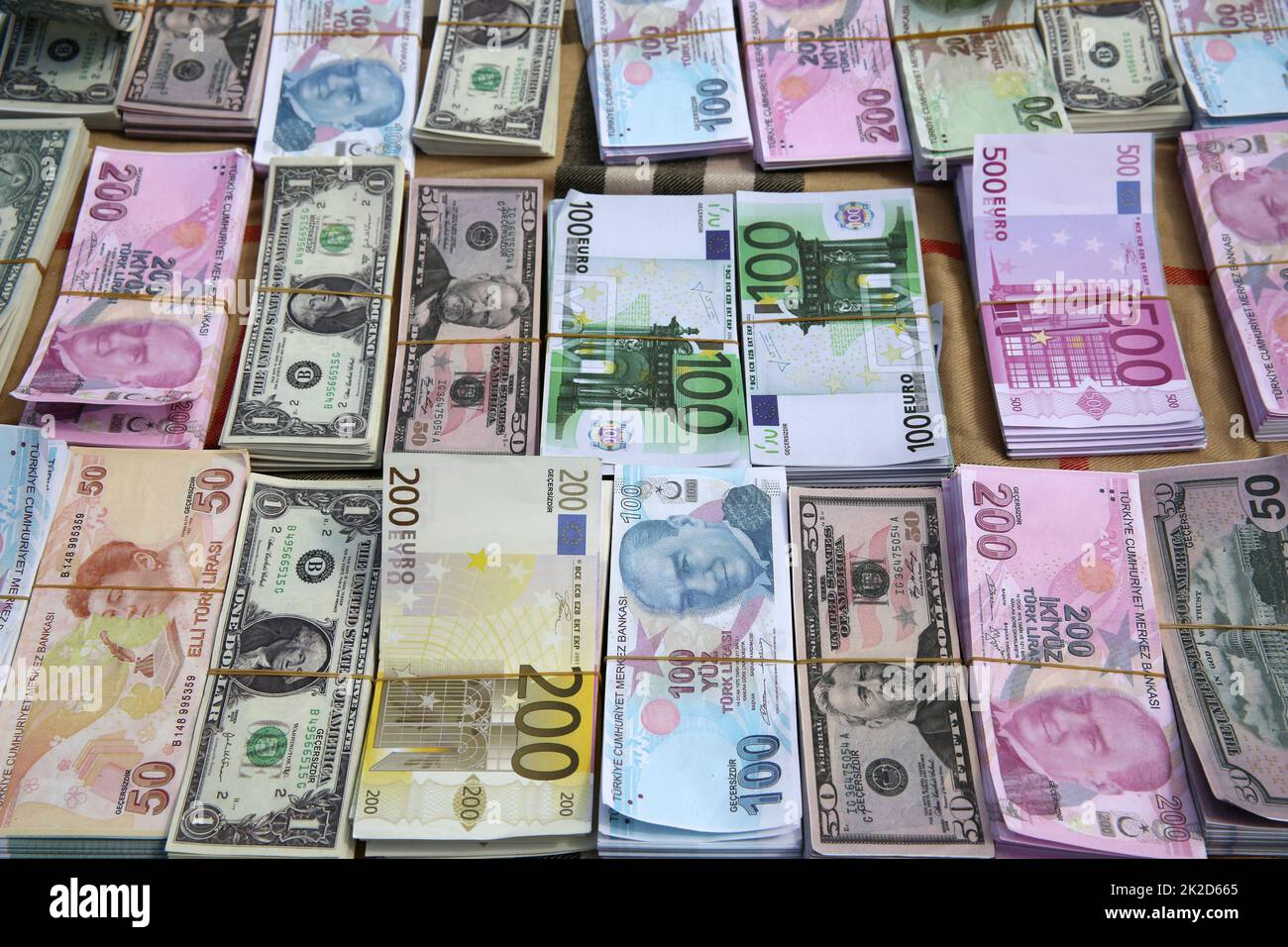 Stack of different Currency on Bazar in Istanbul. Turkey Stock Photo