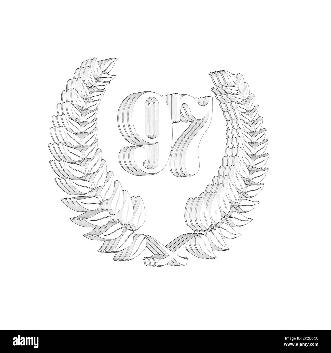 Number 97 with laurel wreath or honor wreath as a 3D-illustration, 3D ...