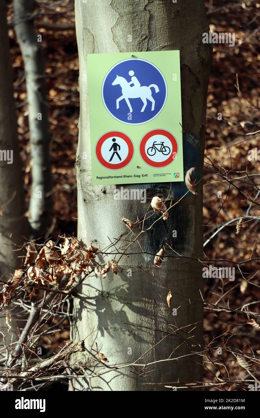 Hinweisschilder Reitweg, verboten fÃ¼r FussgÃ¤nger und Radfahrer Stock Photo