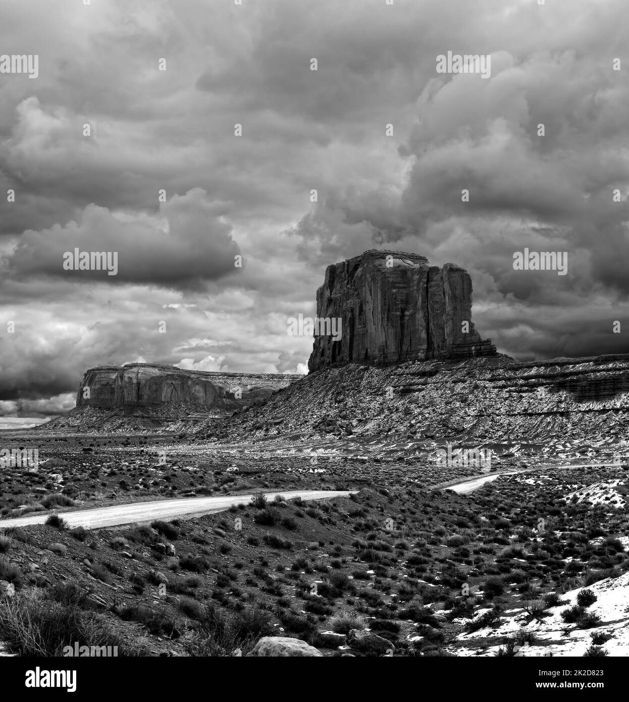 Black and White Monument Valley Cloudy Skies Stock Photo