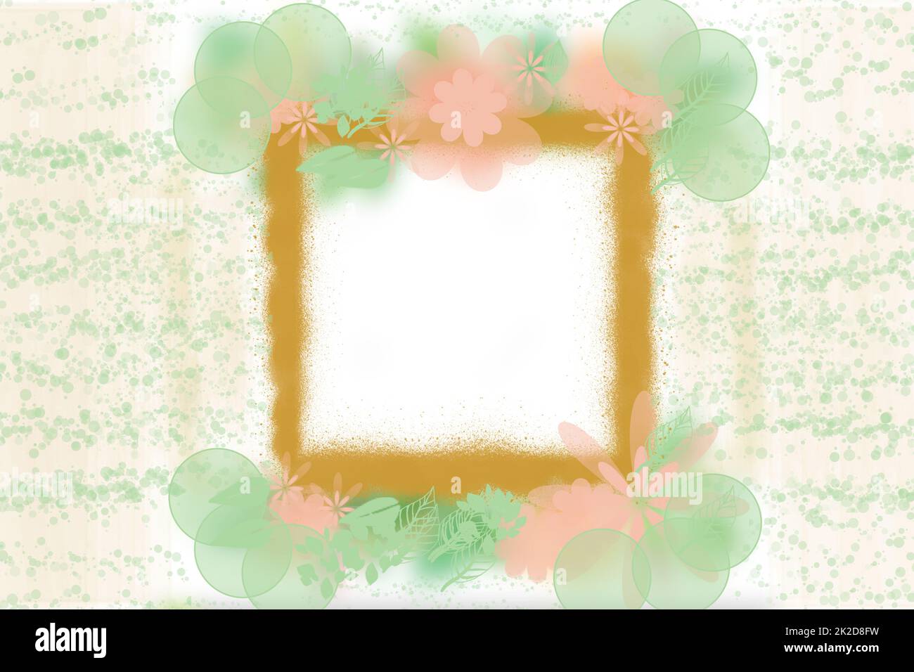 Greeting card template. Abstract festive light green pink Happy spring greeting card with flowers and leaves. Mothers day, valentine, wedding or other holidays.Frame with space. Stock Photo
