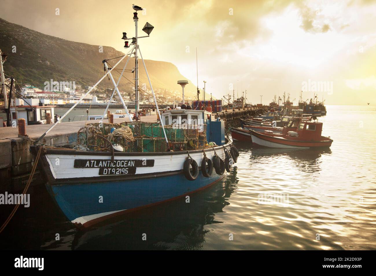 Moored in port. A view of a fishing trawler in the harbor. Stock Photo