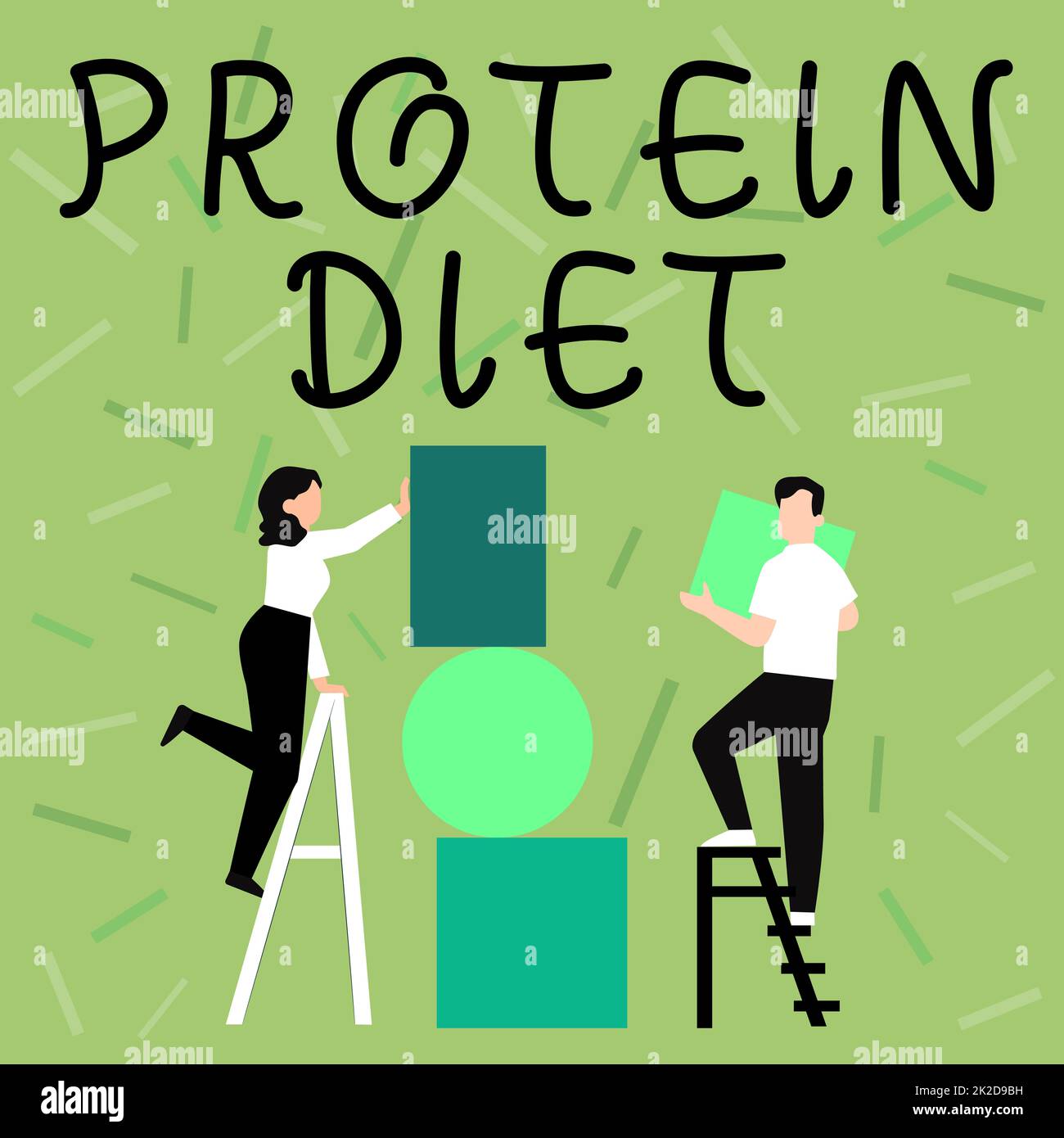Text showing inspiration Protein Diet. Concept meaning low in fat or carbohydrate consumption weight loss plan Couple Drawing Using Ladder Placing Big Empty Picture Frames To A Wall. Stock Photo