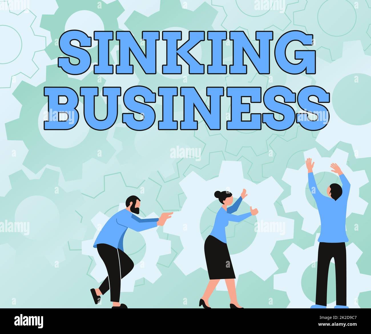 Conceptual caption Sinking Business. Internet Concept the company or other organization that is failing Colleagues Carrying Cogwheels Arranging New Workflow Achieving Teamwork. Stock Photo