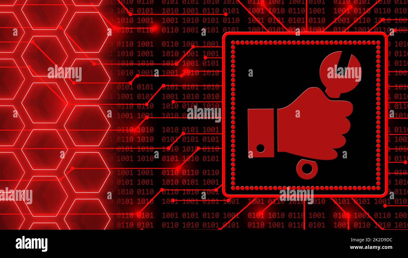 Hand with wrench in frame - abstract background of 4-digit binary code ...