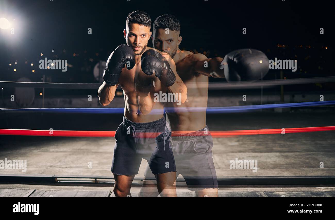 Fitness, boxing and boxer in the ring training, exercise and punching with energy and power in a workout portrait. Action, performance and healthy man Stock Photo