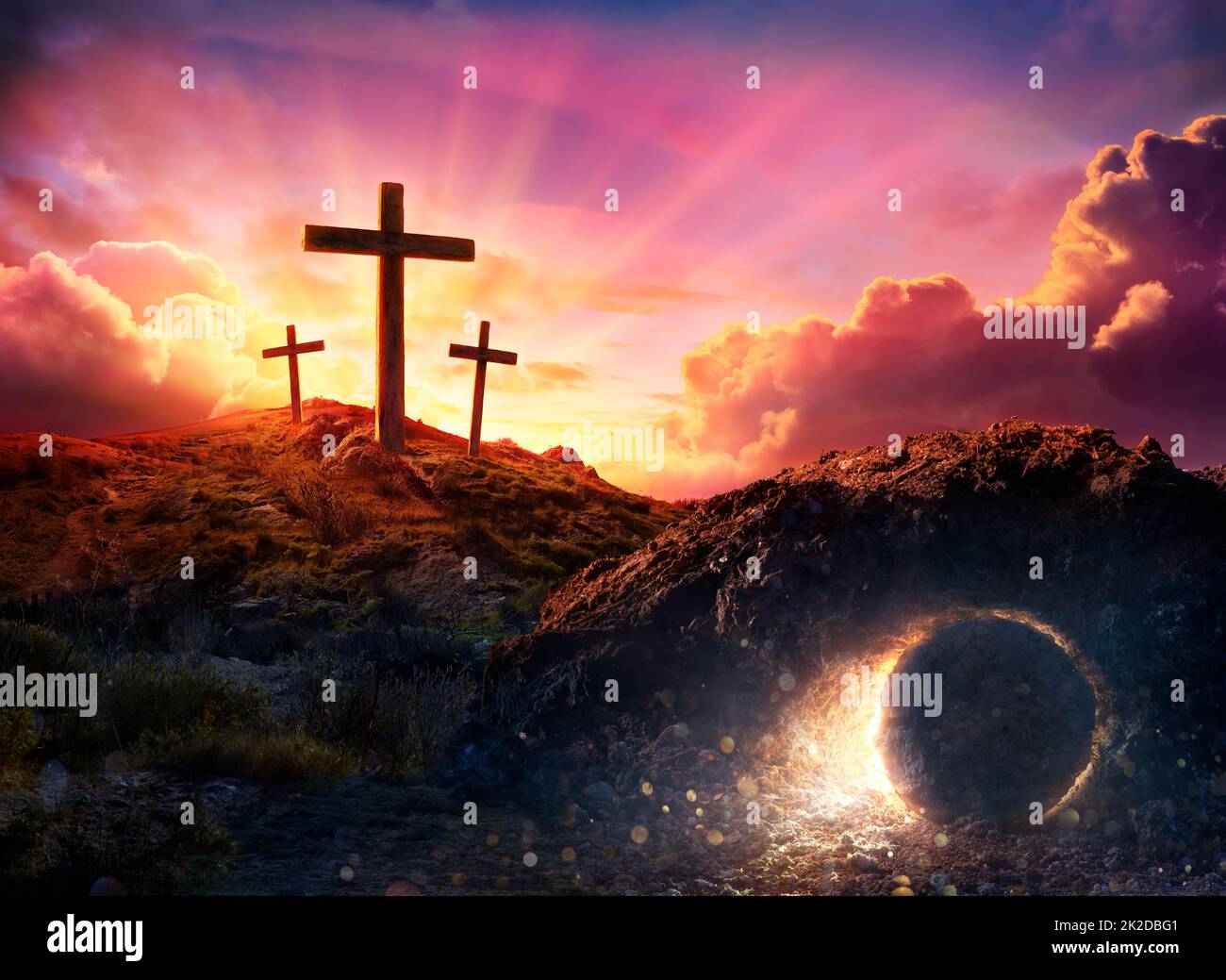 Resurrection - Crosses And Empty Tomb With Crucifixion At Sunrise And