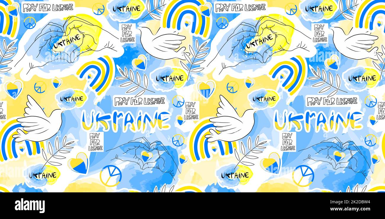Ukraine seamless vector pattern. SYMBOLS OF THE COUNTRY in Ukrainian national colors blue-yellow. repeat pattern. Support the background of Ukraine. Stock Photo
