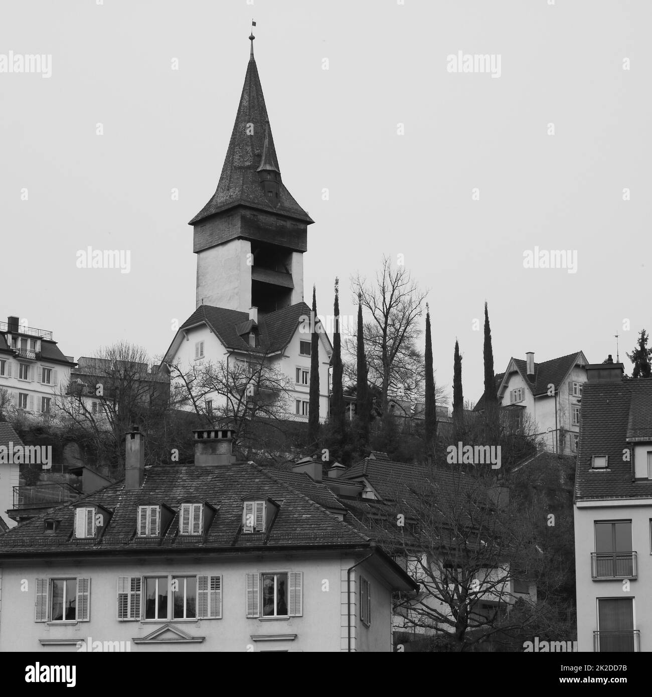 Monochrome image of the Luegisland Tower, Lucerne. Stock Photo