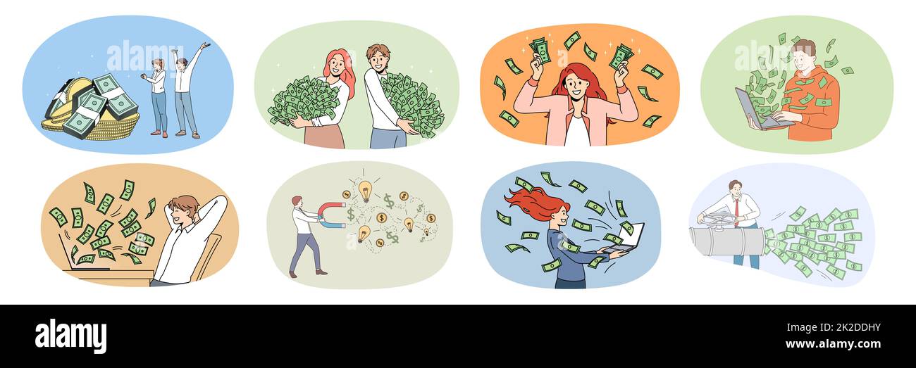 Set of happy people get money from successful investment Stock Photo