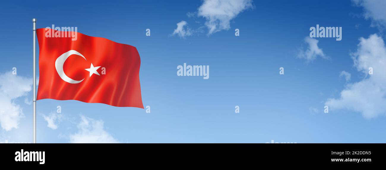 Turkish flag isolated on a blue sky. Horizontal banner Stock Photo