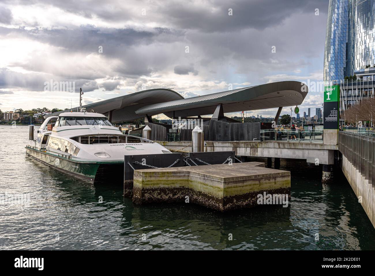 The SuperCat Class catamaran ferry 'Louise Sauvage' at Wharf 1 of the Barangaroo area of Sydney Stock Photo