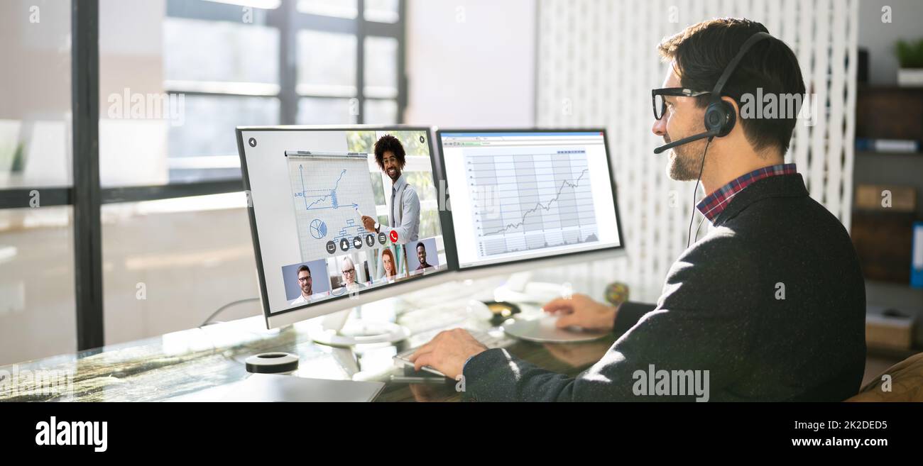 Online Virtual Video Conference Training On Desktop Computer Stock