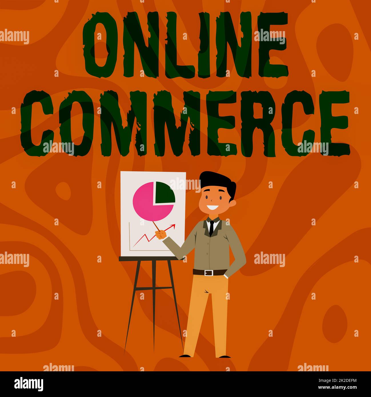 Text caption presenting Online Commerce. Concept meaning activity of buying or selling of products on online services Businessman Wearing Casual Standing Presenting Charts And Ideas. Stock Photo