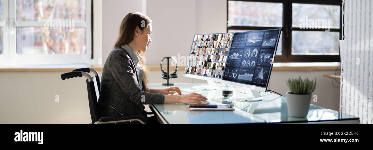 Online Virtual Learning Conference. Working On Multiple Screens Stock Photo
