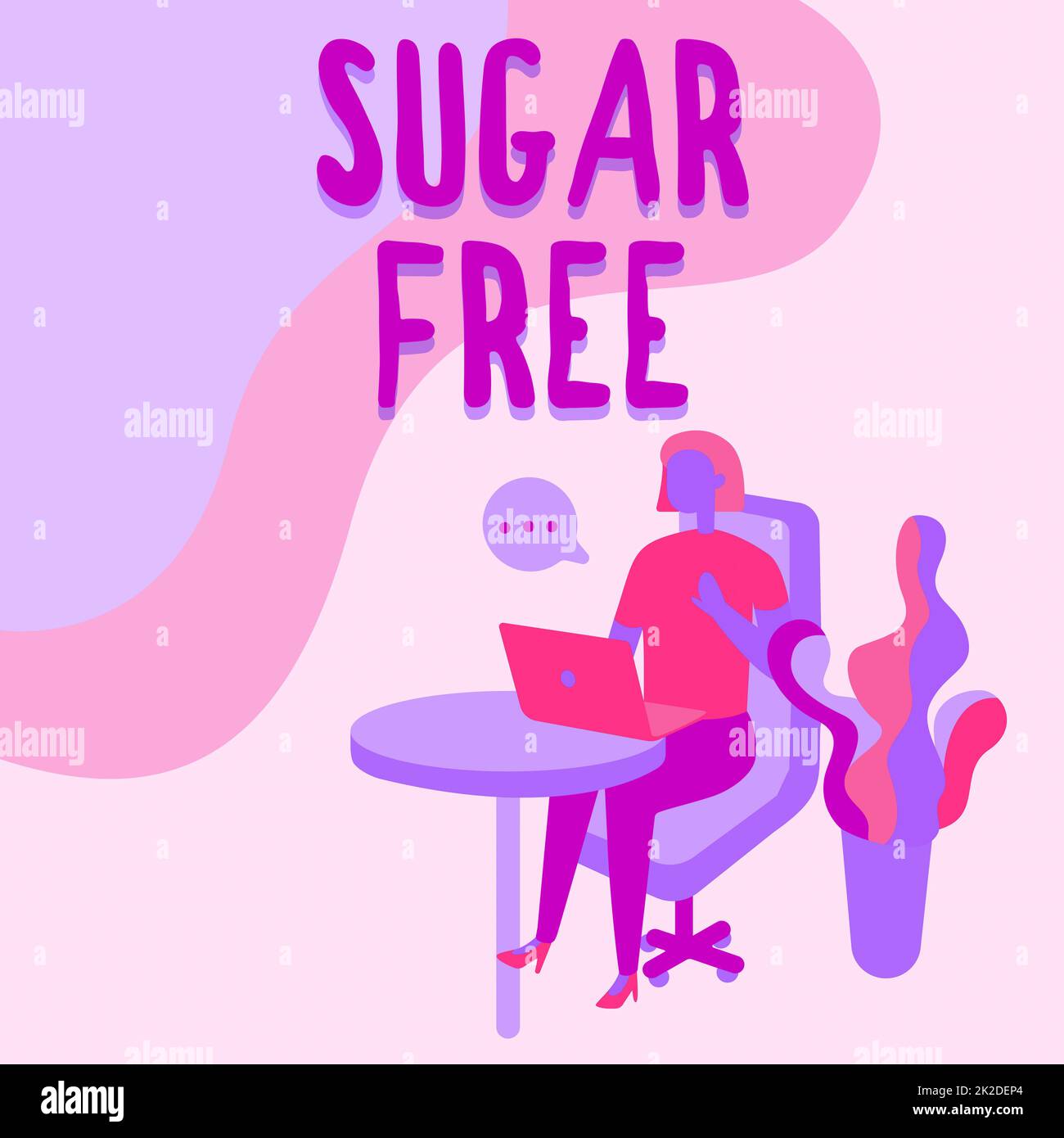 Inspiration showing sign Sugar Free. Conceptual photo containing an artificial sweetening substance instead of sugar Woman Sitting Office Desk Using Laptop With Speech Bubble Beside Plant. Stock Photo