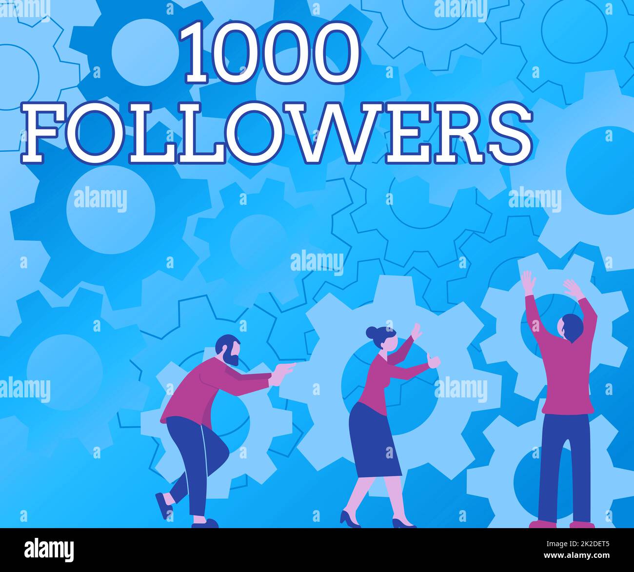 Conceptual display 1000 Followers. Business showcase number of individuals who follows someone in Instagram Colleagues Carrying Cogwheels Arranging New Workflow Achieving Teamwork. Stock Photo