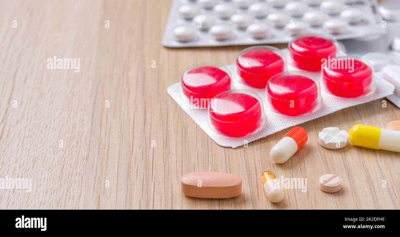 Different medicine pills and capsules with blister packs Stock Photo