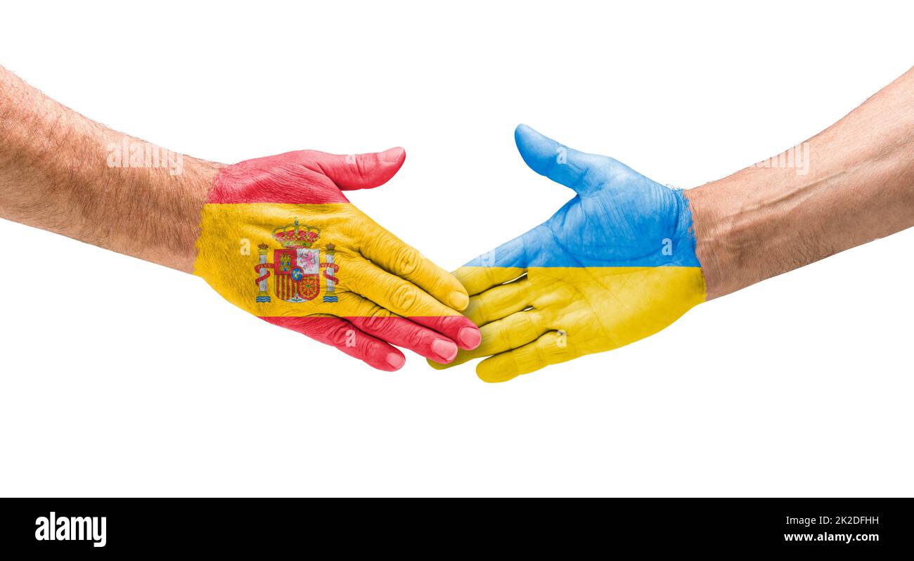 Handshake between Spain and Ukraine Stock Photo