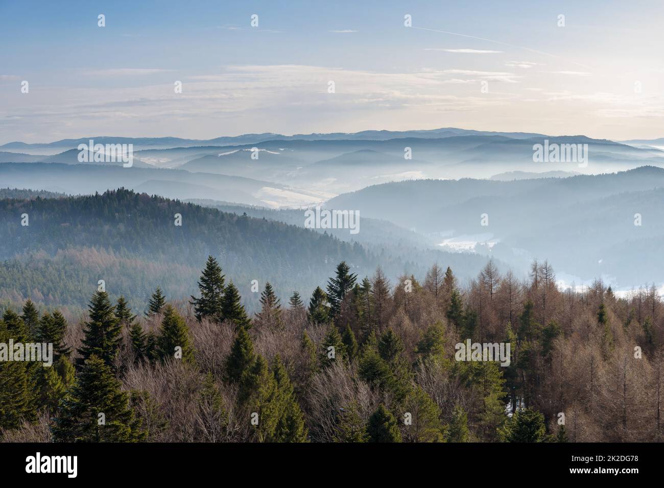 Foggy view of Beskid Sadecki mountain range in Poland Stock Photo