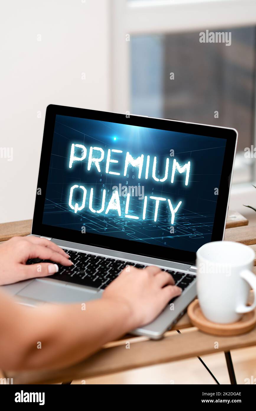 Text showing inspiration Premium Quality. Internet Concept something or someone of greater or superior quality Both Hands Typing On Laptop Next To Cup And Plant Working From Home. Stock Photo