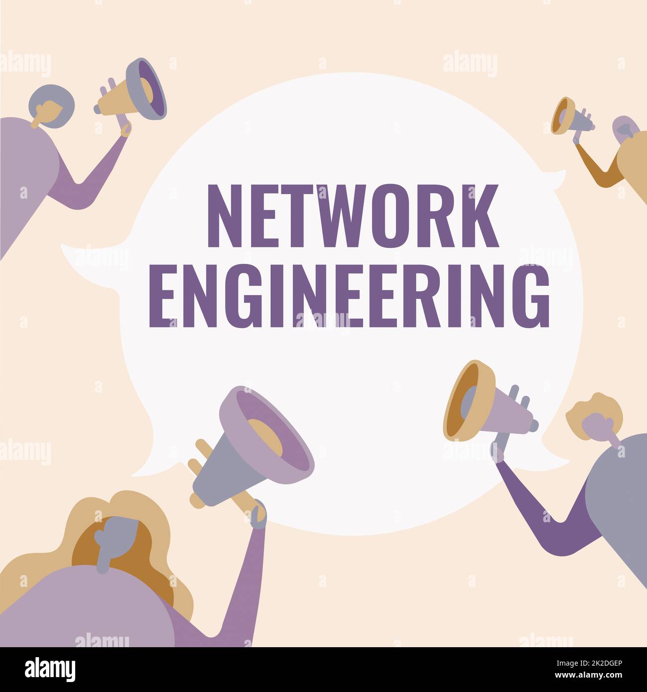 Conceptual caption Network Engineering. Business showcase field concerned with internetworking service requirement People Drawing Holding Their Megaphones Talking With Each Other. Stock Photo