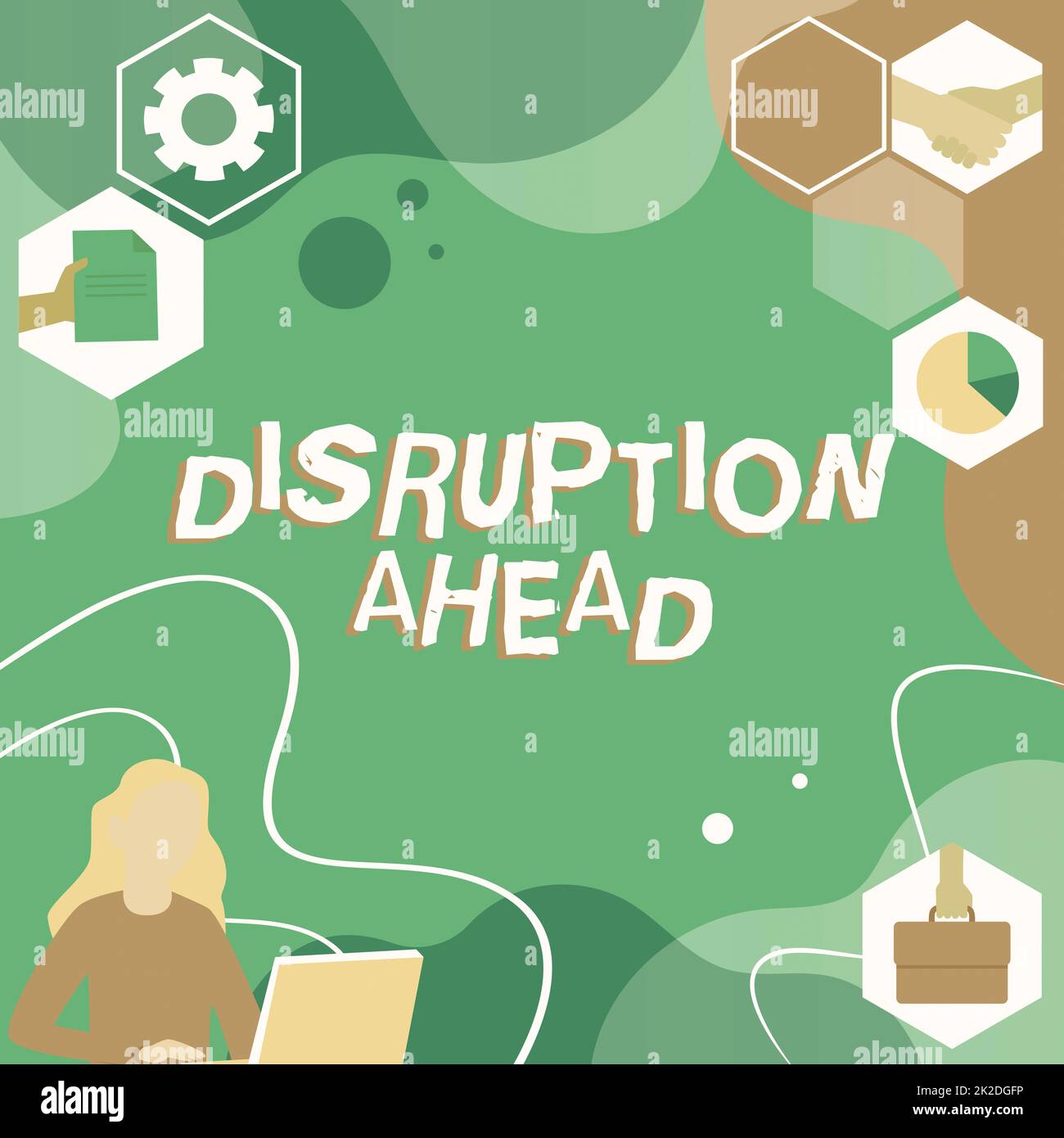 Text showing inspiration Disruption Ahead. Business showcase Transformation that is caused by emerging technology Woman Innovative Thinking Leading Ideas Towards Stable Future. Stock Photo