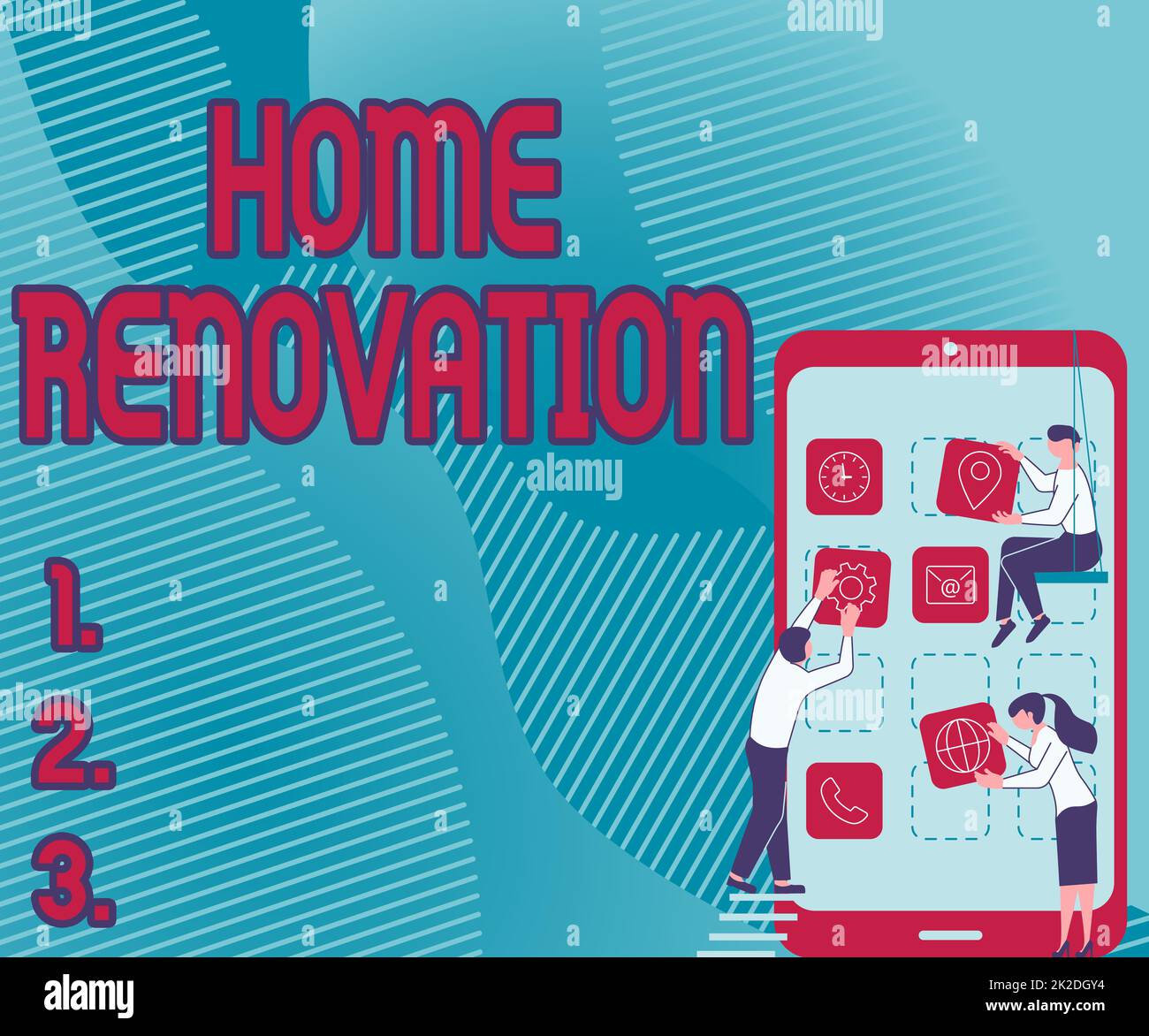 Text showing inspiration Home Renovation. Business idea process of renovating or making additions to one s is home Three Colleagues Carrying S Decorating Mobile Application. Stock Photo