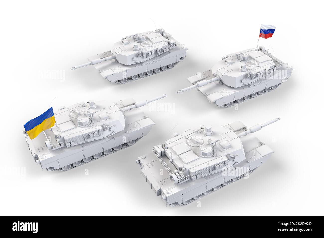 Russian tanks versus Ukrainian. Military aggression conflict. 3D Rendering Stock Photo