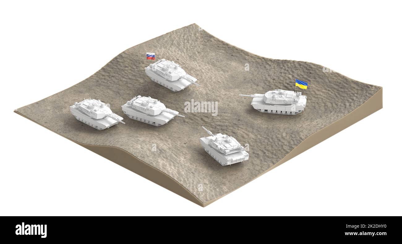 Russian and Ukrainian tanks on a battlefield. 3D Rendering Stock Photo