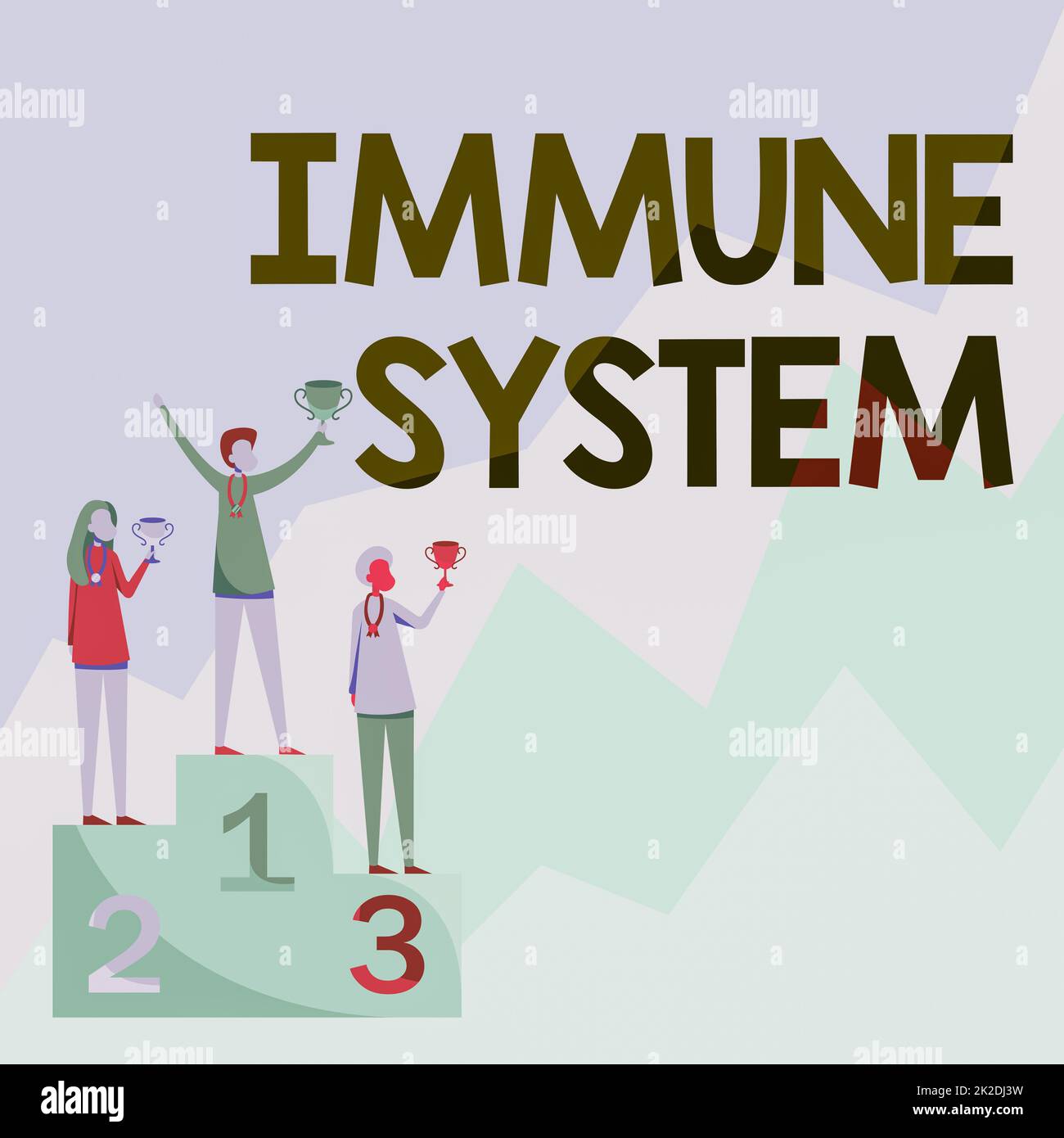 Text showing inspiration Immune System. Concept meaning host defense system comprising many biological structures Three Competitors Standing On Podium Holding Trophies Celebrating Victory. Stock Photo