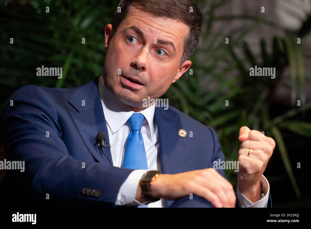 U.S. Transportation Secretary PETE BUTTIGIEG opens the 2022 Texas Tribune Festival with a sit-down interview with Tribune editor Evan Smith (not shown) at the historic Paramount Theater in downtown Austin. Buttigieg is the first openly gay Cabinet member in U.S. history. Credit: Bob Daemmrich/Alamy Live News Stock Photo
