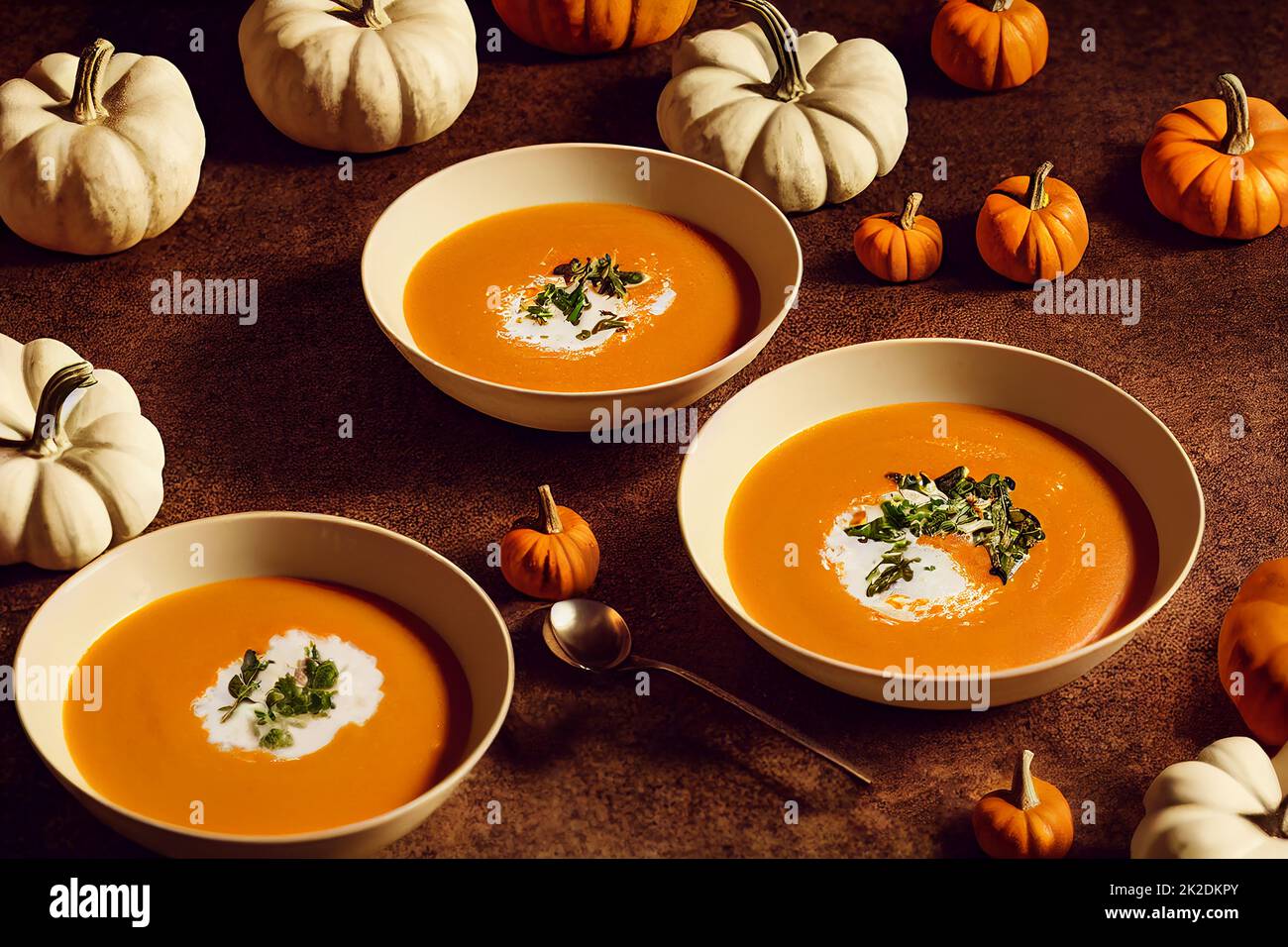 Pumpkin soup with cream, traditional fall meal recipe idea, food photography and illustration Stock Photo