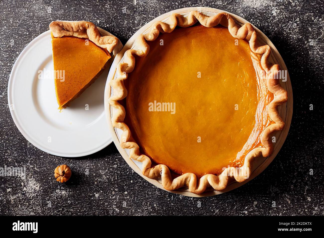 Sweet Homemade Thanksgiving pumpkin pie, traditional fall recipe idea, food photography and illustration Stock Photo
